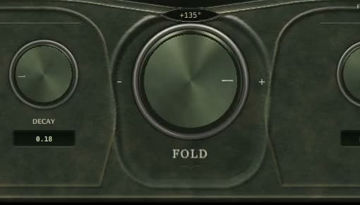 Close-up of Fold’s main rotary control and worn olive metal finish
