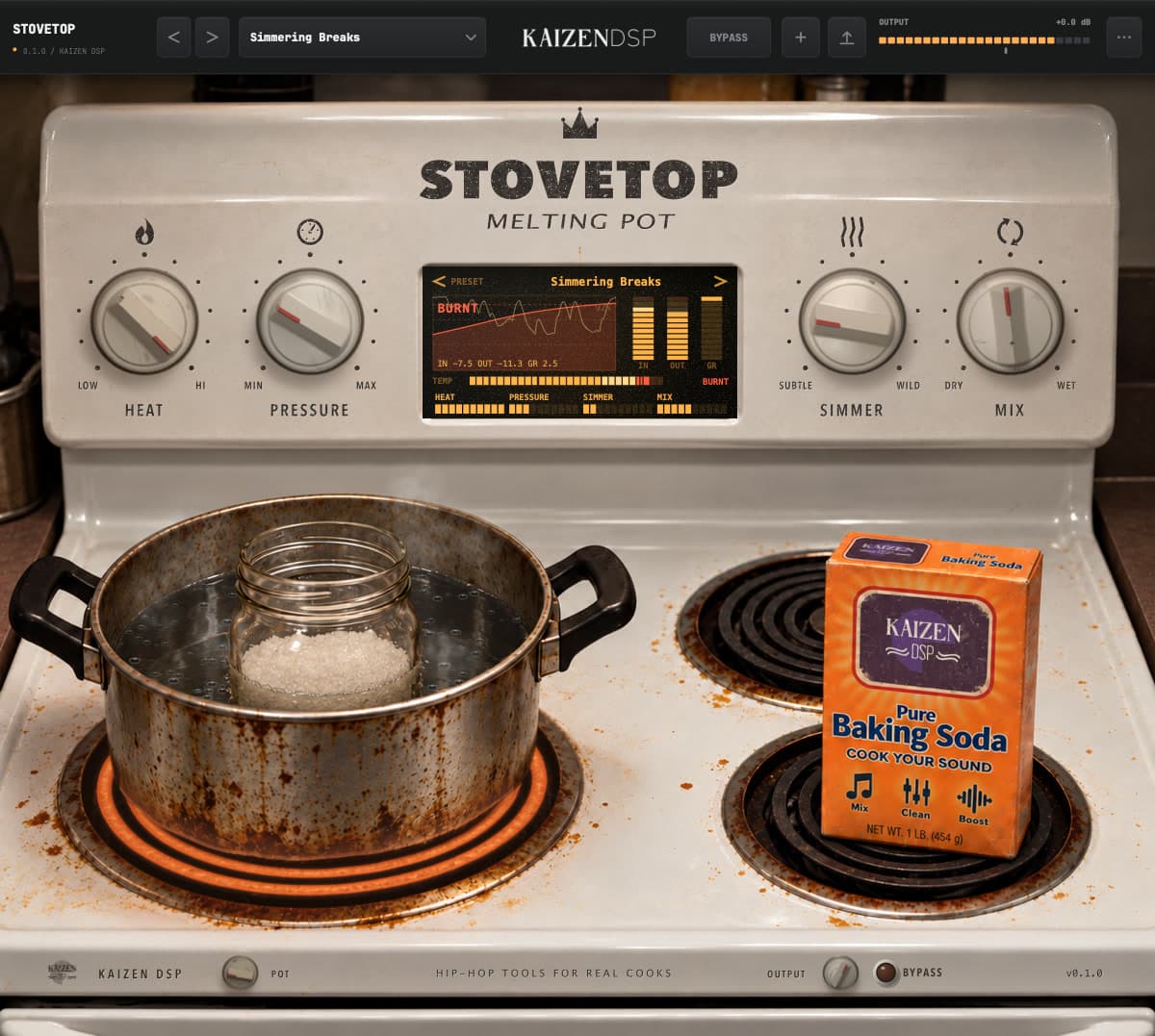 The Stovetop plugin window: a grimy cream enamel stove with HEAT, PRESSURE, SIMMER and MIX knobs, a pot boiling on a glowing burner and the display reading BURNT.