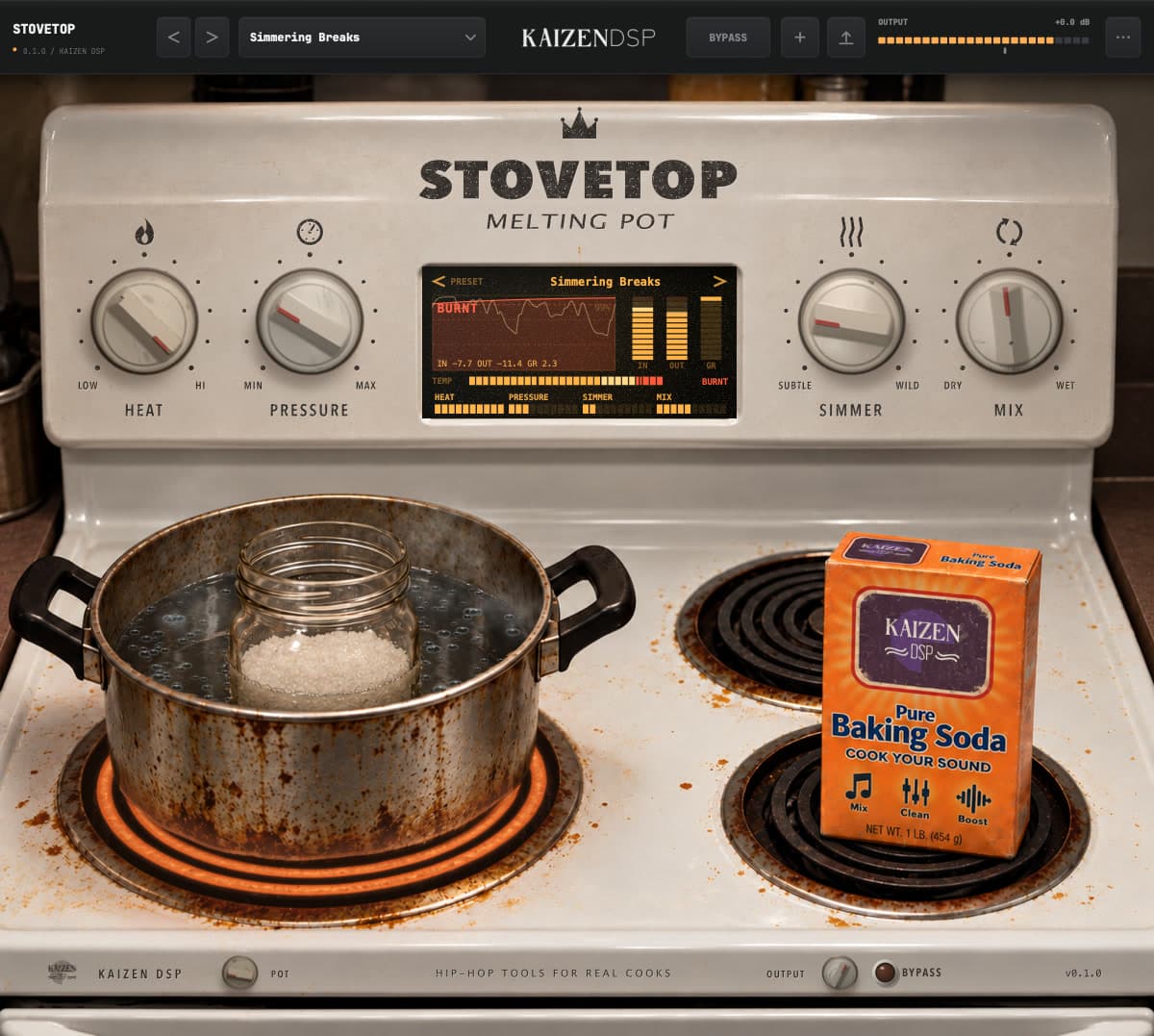 Stovetop burnt: HEAT near maximum, the burner glowing bright orange, the pot at a rolling boil and the display reading BURNT in red.