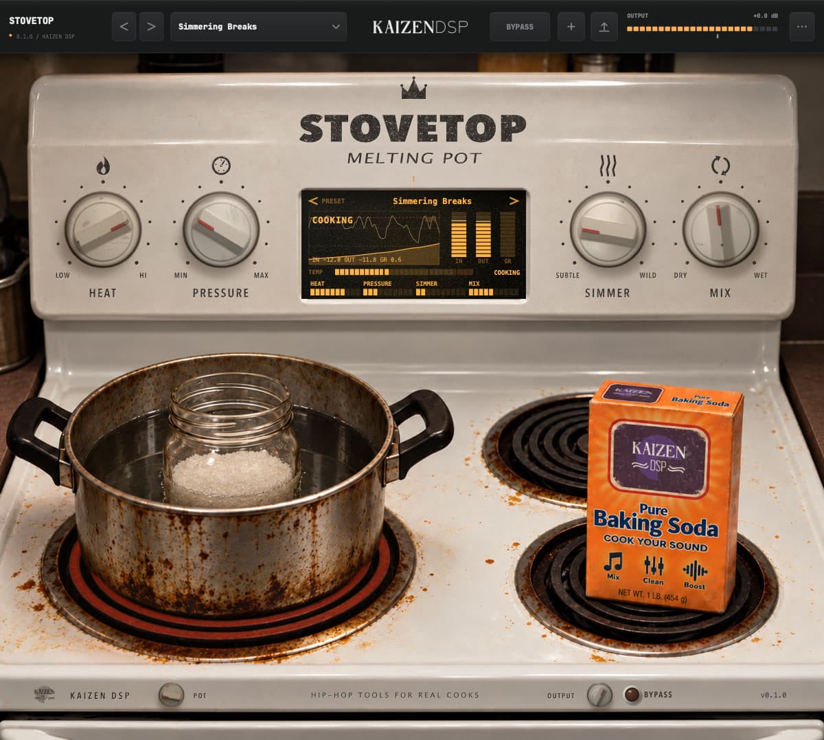The Stovetop plugin with HEAT, PRESSURE, SIMMER, POT and MIX ringed and numbered 1 to 5.